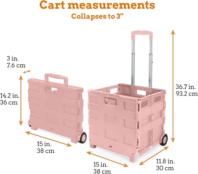 Inspired Living Ultra-Slim Rolling Collapsible Storage Pack-N-Roll Utility-carts, with Telescopic Handle, for Home, Garden, Shopping, Office, School use, Medium, Raspberry Pink - Image 2