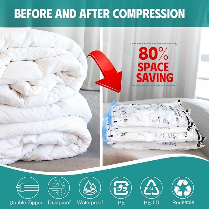 Vacuum Storage Bags, 80% Space Saver Bags for Clothing, Travel, Blankets, Comforters—Compression Bags with Hand Pump, 6 Combo - Image 4