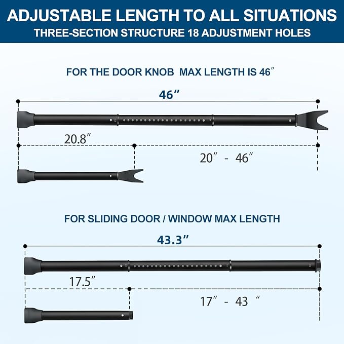 Rerishom 2 Pack Door Security Bar, Heavy Duty Door Stopper Jammer | Locking Security Bar for Door, Adjustable Home Security Barricade for Apartment, Hotel Room and Screen Door - Image 2
