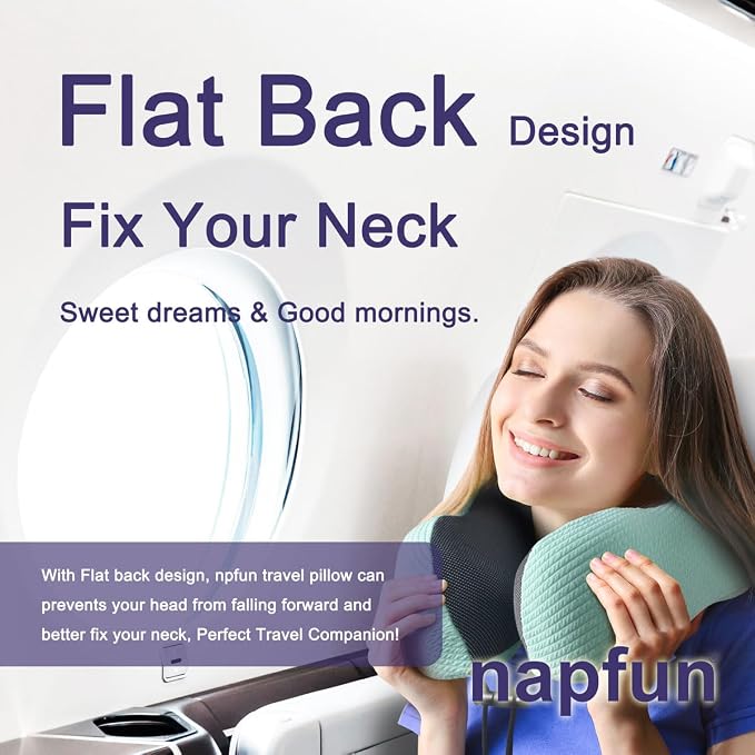 napfun Neck Pillow for Travel with Travel Pouch, Sleep Mask & Earplugs, Memory Foam Airplane Pillow for Headrest Sleep with Eyeshades, Plane Essentials with Eye Blindfold, Turquoise Striped Kit - Image 2