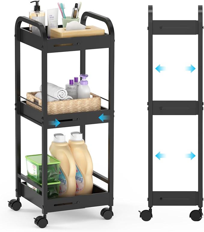 Expandable 3-Tier Metal Slim Rolling Storage Cart with Wheels | Adjustable Length Narrow Heavy Duty Rolling Cart, 4 Wheels (2 Lock), for Bathroom, Kitchen, Laundry & Small Spaces by GLISWAM