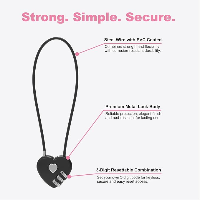 3 Digit Combination Lock Cable 1 ft, Combo Long Cable Lock with Code, Thin Wire Small Padlock Combination, for Travel Luggage, Backpack, Cabinet, Fridge Door, Bike Motorcycle Helmet - Image 4