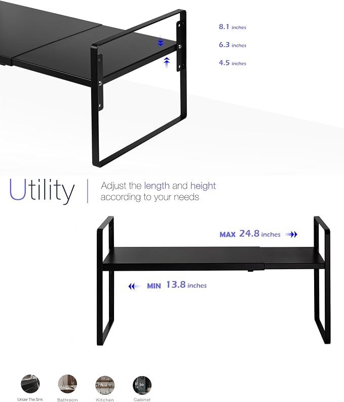 Nxconsu Cabinet Shelf Riser, Adjustable Cabinet Organizer, 12" Deep Black | Heavy-Duty Metal Expandable Shelf Holds 50 lb with 3 Height Levels for Kitchen Cabinet Cupboard Pantry Dish Mug - Image 5