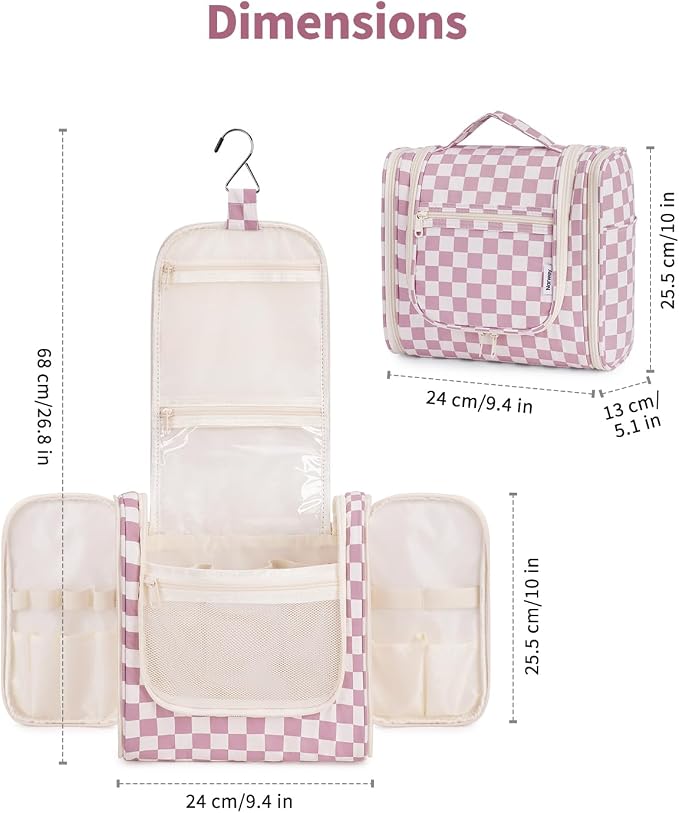 Narwey Checkered Hanging Travel Toiletry Bag for Women, Travel Bag for Toiletries, Makeup Bag Organizer Cosmetic Bags Make Up Bags for Women (Dusty Rose Checkerboard) - Image 5