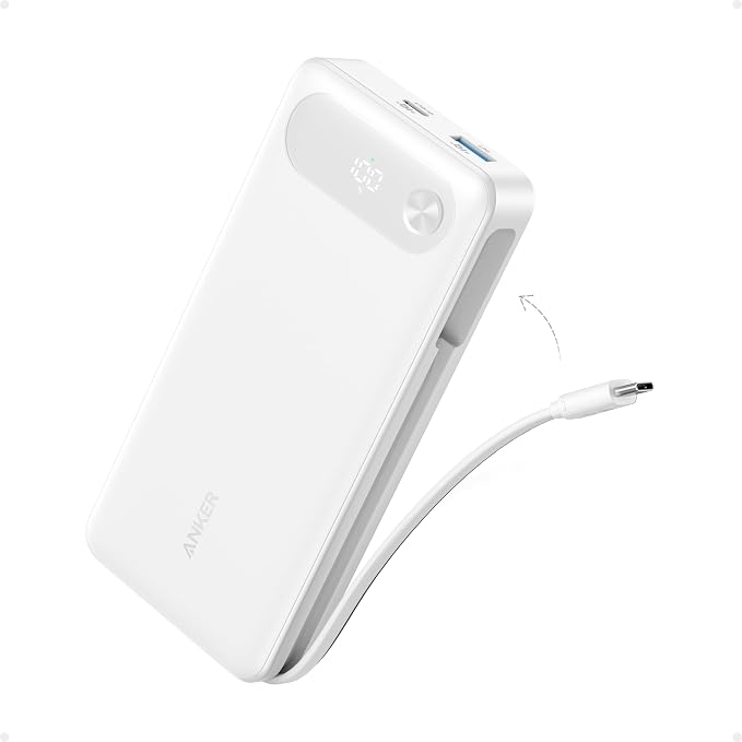 Anker Power Bank, 20,000mAh Travel Essential, Built-in USB-C Cable(White) | 3-Port 87W Max Fast Charging Battery Pack, for MacBook, iPhone 16 / 15 Series, Samsung, Switch, and More by Unknown
