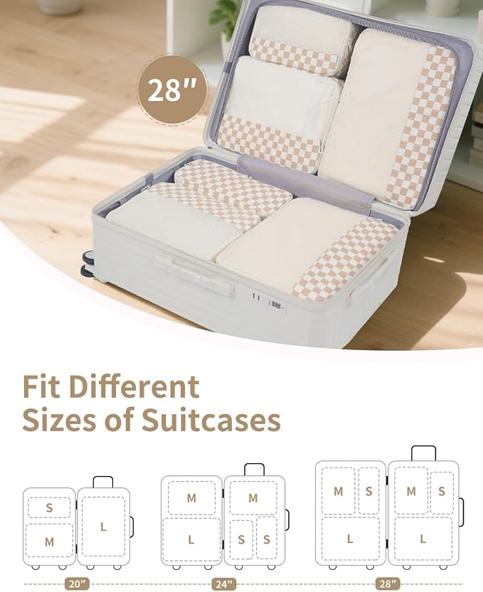 Narwey 7 Set Checkered Packing Cubes for Travel Carry on Suitcase Luggage Organizer Bags for Kids Women Men, Durable Packing Organizers Bag, Travel Essentials Accessories (Light Checkerboard) - Image 2