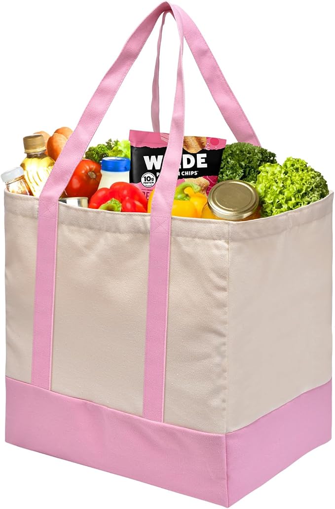 1-Pack Heavy Duty Canvas Reusable Grocery Bags, 8.3 Gal Foldable Large Tote with Handles, Washable Eco-friendly Bags with 5 Pockets, (Pink/Beige) - Image 8