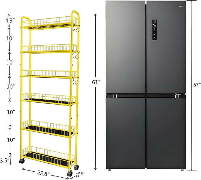 6-Tier Slim Storage Cart with Wheels, Metal 6in Narrow Rolling Shelf, Sturdy Slim Storage with Hooks Ideal for Kitchen, Bathroom, and Laundry Room, Yellow - Image 6