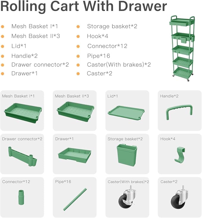 Sorgion 5 Tier Rolling Cart Organizer,Bathroom Cart Organizers with Wheels Laundry Room Organization Mobile Shelving Unit Utility Cart Storage Shelves Multi-Functional for Office, Home(Green) - Image 7