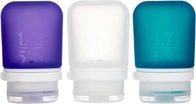 humangear GoToob+ 3-Pack, Small (1.7 fl oz), Clear/Purple/Teal | Refillable & Leak-Proof Silicone Travel Size Bottles with Locking Cap for Toiletries, Camping & TSA Carry-On by humangear