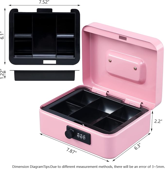 KYODOLED Medium Cash Box with Combination Lock Safe Metal Money Box with Money Tray for Security Lock Box 7.87x 6.30x 3.54Inch Pink Medium - Image 4