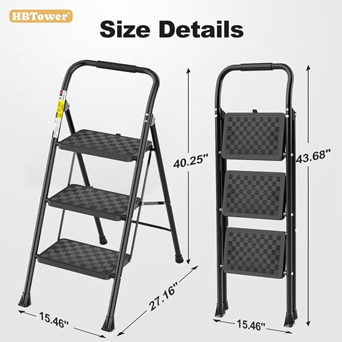 HBTower 3 Step Ladder, Step Stool Foldable for Adults | Wide Anti-Slip Pedal, Lightweight 3 Step Ladders for Home, Black - Image 7