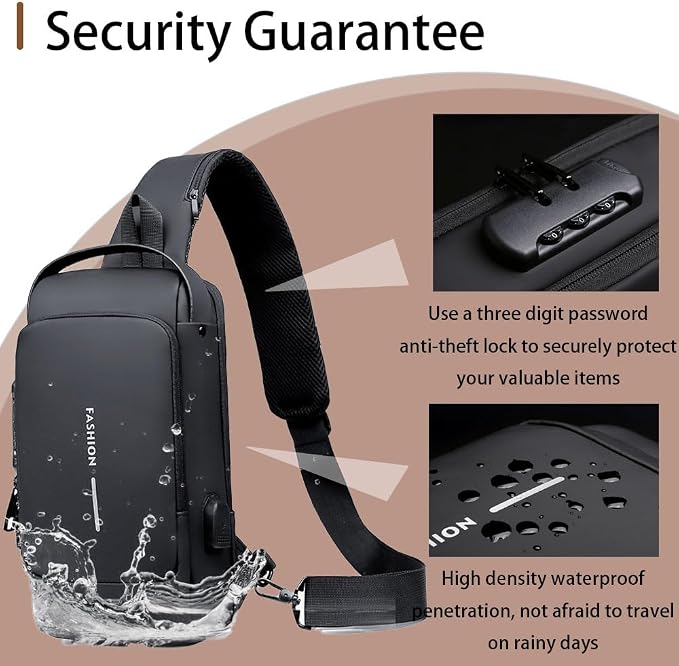 Travel Sling Bag Waterproof Crossbody Bag with Combination Lock Anti-Theft PU Leather Chest Bag with USB Charging Hole Shoulder Backpack Motorcycle Bags Black - Image 6