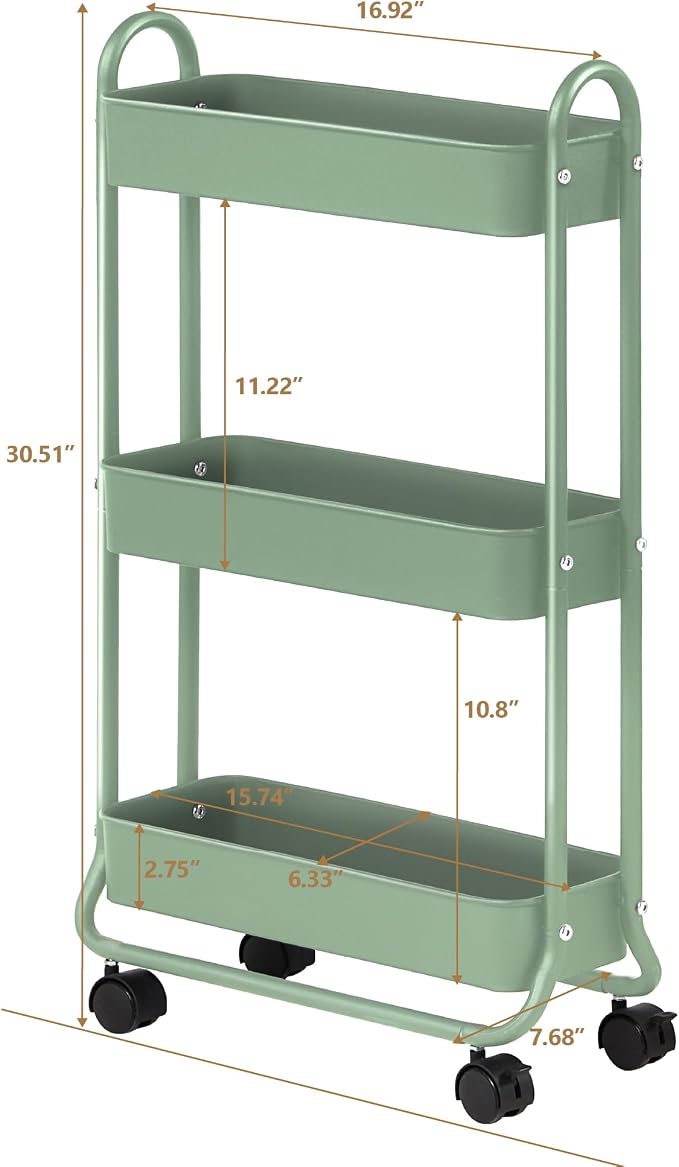 SunnyPoint Slim Rolling Storage Cart, 3 Tier Bathroom Storage Organizer Bathroom, Laundry Utility Cart (Turq) - Image 6