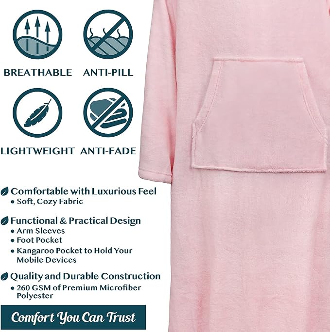 PAVILIA Fleece Blanket with Sleeves, Foot Pockets for Women Men Adults, Plush Wearable Blanket Throw Wrap, Warm Snuggle Blanket Robe, Cozy Gift Ideas Wife Mom, Light Pink - Image 4