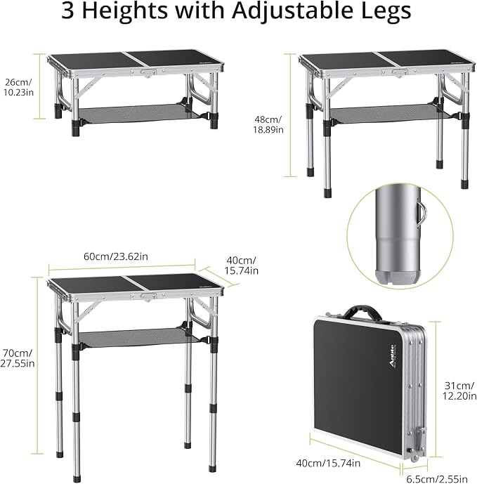 Anbte Folding Camping Table, 24"X 16" Adjustable Height Small Folding Table | Aluminum, with Carrying Handle, Lightweight, Portable Camping Table for Outdoor Indoor Picnic Beach BBQ Grill Patio (Black) - Image 3