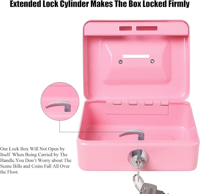 Jssmst Small Cash Box with Lock and Slot, Metal Coin Piggy Bank for Adults and Kids, Pink Locking Money Box - Image 6