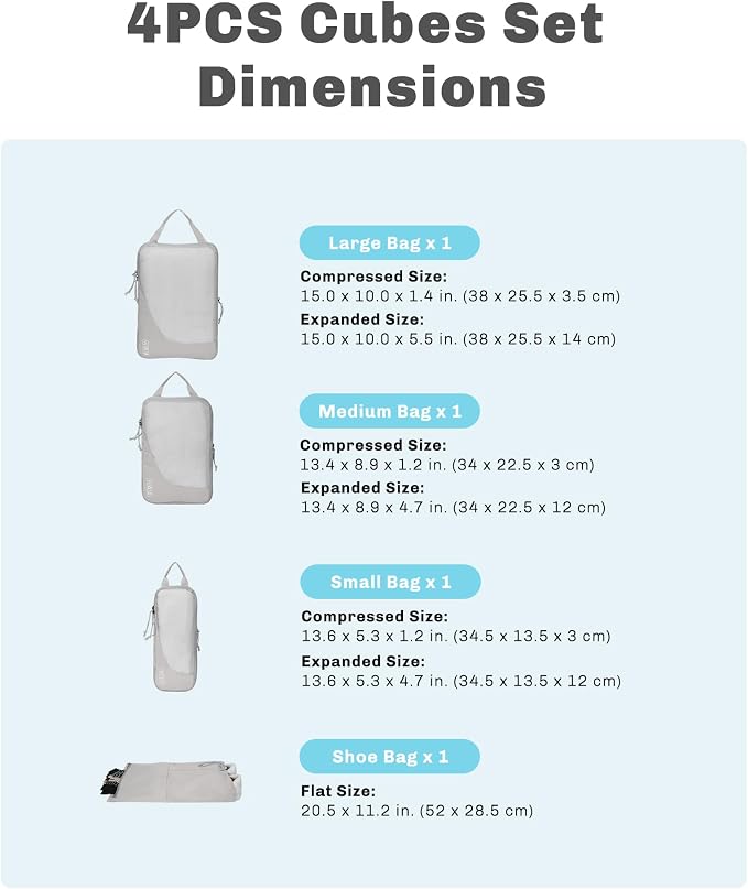 6 Set/ 4 Set/ 2 Set Compression Packing Cubes Travel Essentials Lightweight Nylon Luggage Suitcase Organizer Bag Light Grey 4PCS - Image 2