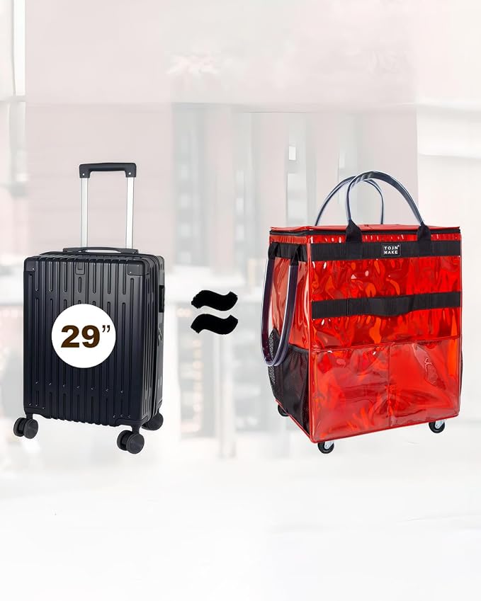 Reusable Grocery Bag with Wheels, Large Glitter Red Rolling Tote | 8 Pockets, Zipper Cover, Foldable for Women, Kitchen, Travel, Carries Up to 76LBS - Image 4