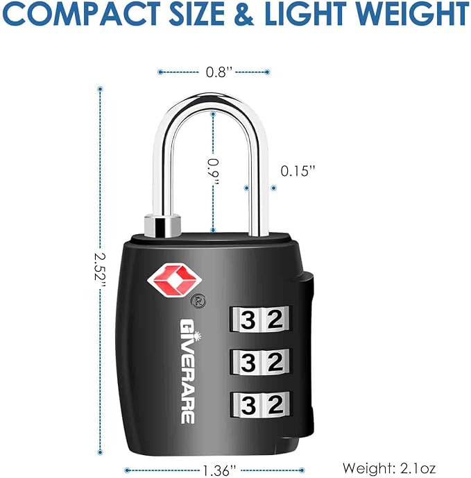 2 Pack TSA Approved Travel Luggage Locks, Combination Lock Alloy Body, Metal Keyless 3-Digit Padlocks, TSA Accepted Compatible Padlock for Gym Locker, Golf Bag Case, Backpack, Black-by GIVERARE - Image 2