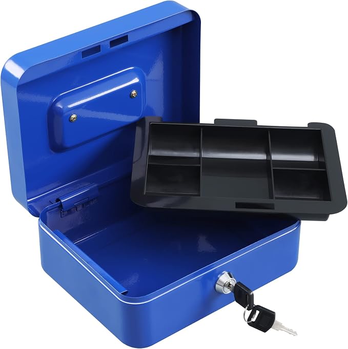 xydled Medium Cash Box with Lock, Removable Coin Tray, Steel Money Box, Blue - Image 3