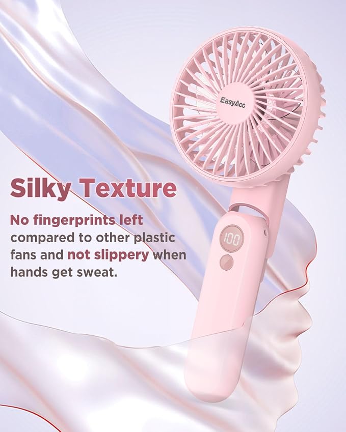 EasyAcc Portable Fan with Built-in Battery, 5 Speeds, Ultra Quiet, 3-18H Runtime, Backup Power, Digital Display, Foldable Handheld and Neck Fan with Lanyard for Travel, Pink - Image 3