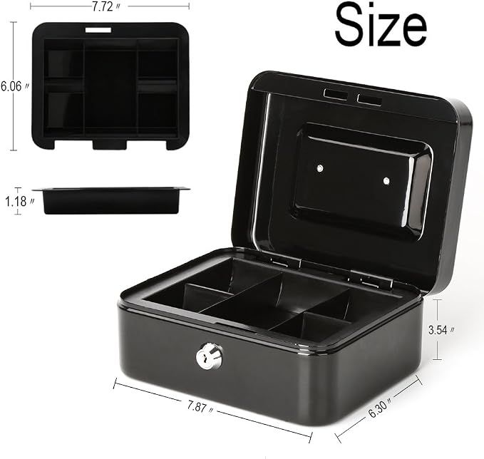 Decaller Cash Box with Money Tray, Medium Metal Locking Money Box with Key Lock for Security, 7.87" x 6.30" x 3.54", Black - Image 8