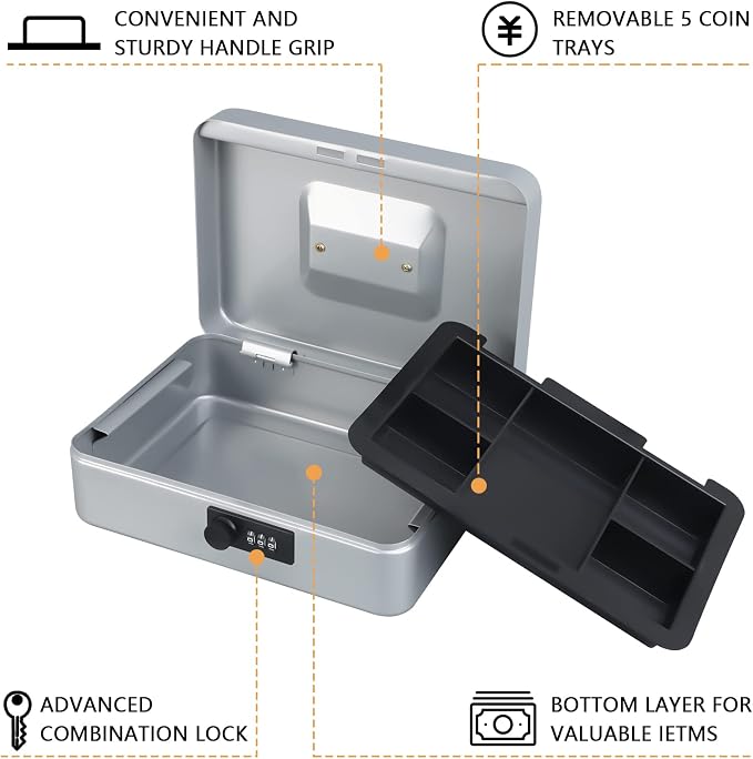 KYODOLED Large Cash Box with Combination Lock,Safe Metal Box for Money, Storage Lock Box with Money Tray,9.84"x 7"x 3.54" Lightgrey Large - Image 3