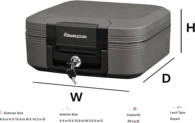 SentrySafe Dark Gray Fireproof and Waterproof Safe with Key Lock, Chest Lock Box with Carrying Handle for Travel, 0.28 Cubic Feet, 6.6 x 15.4 x 14.3 Inches, CFW20201 | Portable Fire Water Resistant Chest Safe With Key Lock Security, Carrying Handle, Id... - Image 5