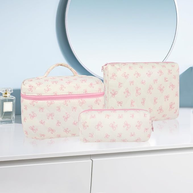 URSKYTOUS 3Pcs Makeup Bag Quilted Cotton Cosmetic Bags for Women Large Small Pink Bow Makeup Pouch Set Cute Coquette Floral Travel Bags Portable Skincare Toiletry Bag Vintage Puffy Essential Organizer - Image 7