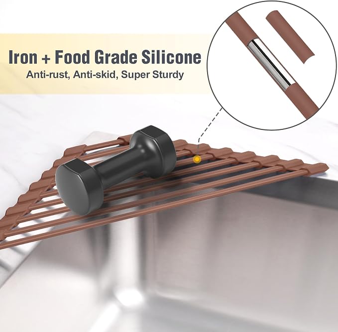 Tomorotec Triangle Roll Up Dish Drying Rack with Silicone Coating, Brown | 304 Stainless Steel with BPA-Free Silicone, Triangle Design Maximizes Sink Corner Space, Fits Compact Kitchens And RVs - Image 3