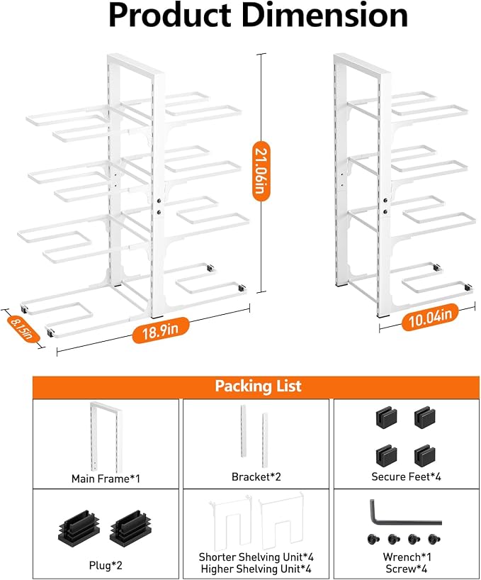 MUDEELA 8-Tier Heavy Duty Pots and Pans Organizer for Cabinet, 20.8"H White | Adjustable heavy-duty pot rack, Holds big stockpots and cookware, Fits under cabinet or on countertops, Easy Assembly - Image 6