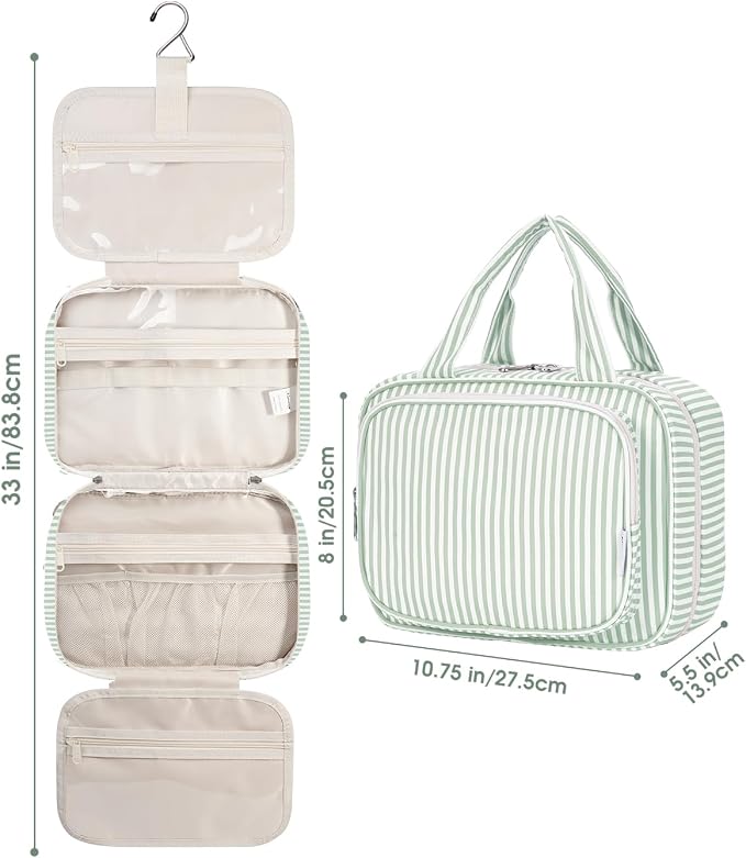 Narwey Striped Hanging Toiletry Bag for Women Travel Makeup Bag Organizer Toiletries Bag for Travel Size Essentials Accessories Cosmetics (Mint Green Stripe (Medium)) - Image 8