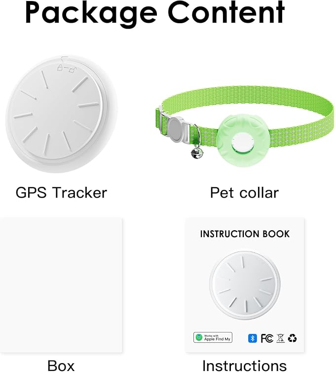 Smart Cat GPS Tracker, Cat Tracker Collar with Safety Elastic Buckle, Compatible with Apple Find My App (Only iOS), No Monthly Fee, Waterproof (White Tracker, Green Cat Collar) - Image 9