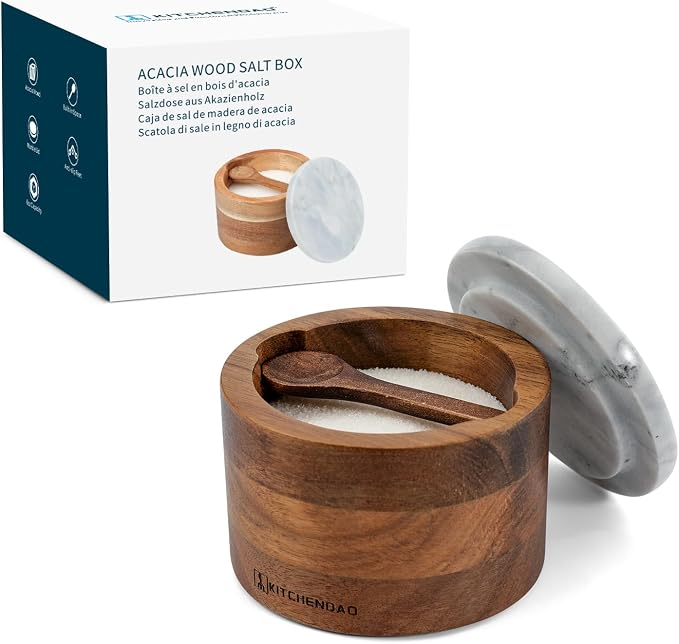 KITCHENDAO Acacia Salt Cellar Box Bowl with Built-in Spoon and Marble Lid, Solid Natural Acacia Wood Bath Sea Salt Container, Elegant Modern Grey and White Marble Lid Spice Bowl, 6oz Capacity by KITCHENDAO