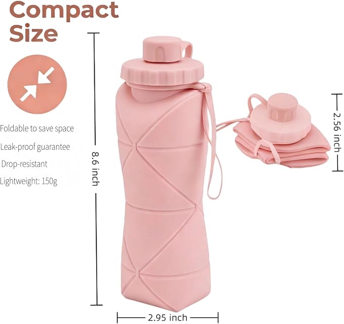Collapsible Water Bottles 20oz (600ml), BPA-Free Silicone Foldable Portable Lightweight Reusable Water Bottle with Leak-Proof Lid & Lanyard for Outdoor Travel Cycling Gym & Camping - Image 3