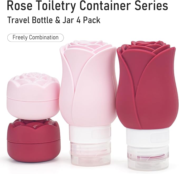 Travel Containers Bottle for Toiletry 4 Pack 3oz Leakproof TSA Approved & Refillable Mini Cream Jars, Silicone Squeeze Tube Rose Bottles for Shampoo Lotion Body Wash BPA Free +Bag, Red Pink Rose - Image 2