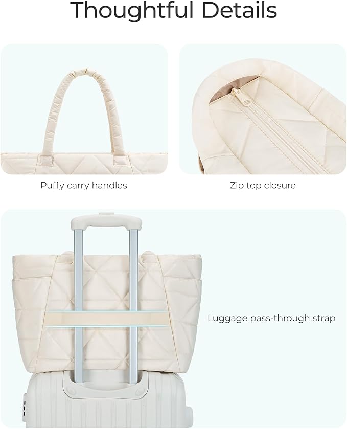 BAGSMART Tote Bag for Women, Puffer Tote Bag with Zipper, Large Quilted Shoulder Bag with Compartments for Travel, Work, Gym - Image 4