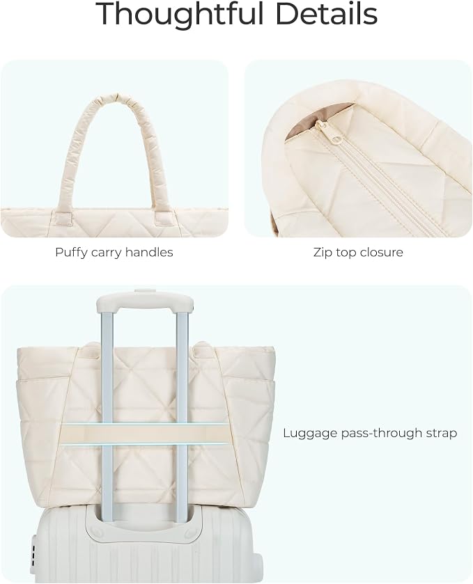 BAGSMART Tote Bag for Women, Puffer Tote Bag with Zipper, Large Quilted Shoulder Bag with Compartments for Travel, Work, Gym - Image 6