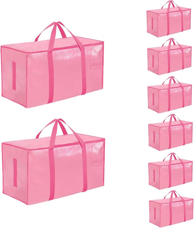 8 Pack-Extra Large Heavy Duty Moving Bags - Waterproof Storage Totes with Handles & Zippers, Foldable for College Dorm, Storage (Pink) by Unknown