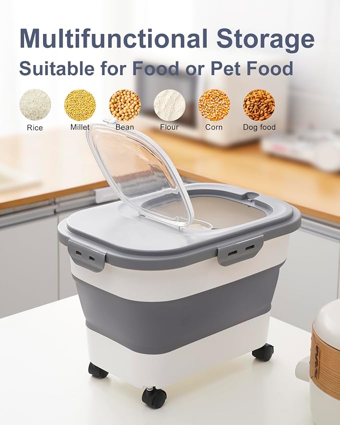 20-30 Lbs Rice Storage Container,Collapsible Food Storage Containers | Flour Storage Container with Wheels Airtight Locking Lid,Rice Container with Cup and Scoop,Suitable for Rice,Pet Food,Flour - Image 7