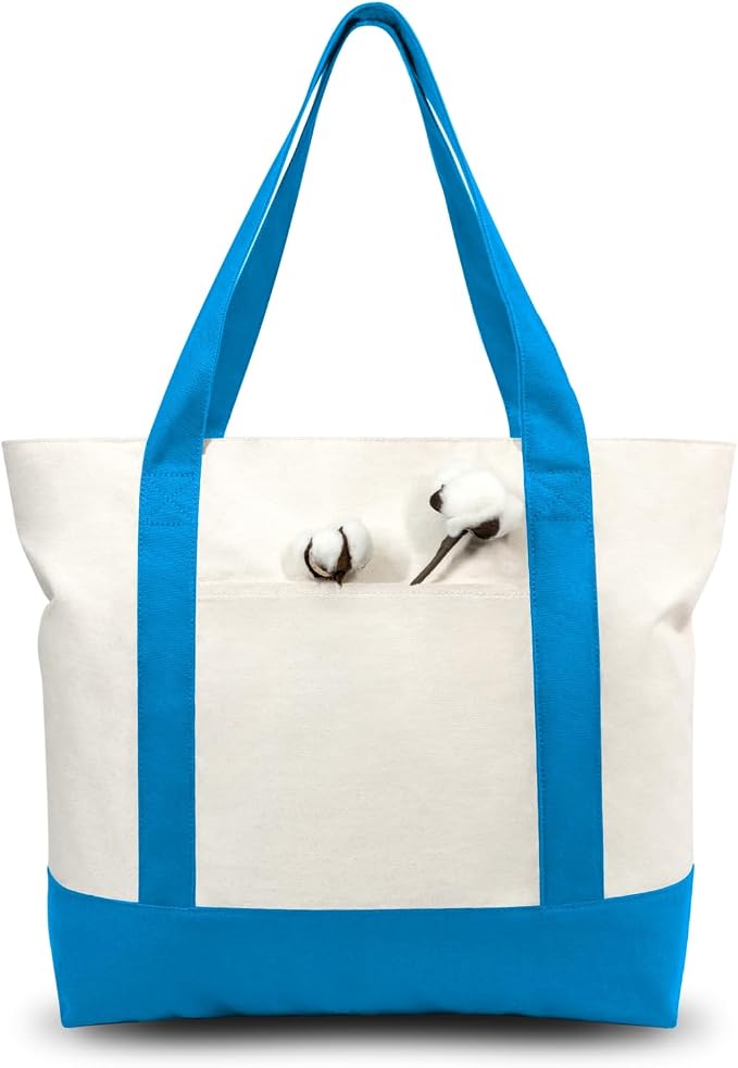 TOPDesign 3-Pack Canvas Tote Bags with an External Pocket, Reusable Grocery Shopping Bags, Top Zipper Closure, Daily Essentials (Ocean Blue/Natural) by TOPDesign