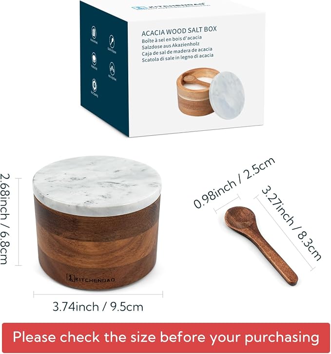 KITCHENDAO Acacia Salt Cellar Box Bowl with Built-in Spoon and Marble Lid, Solid Natural Acacia Wood Bath Sea Salt Container, Elegant Modern Grey and White Marble Lid Spice Bowl, 6oz Capacity - Image 7