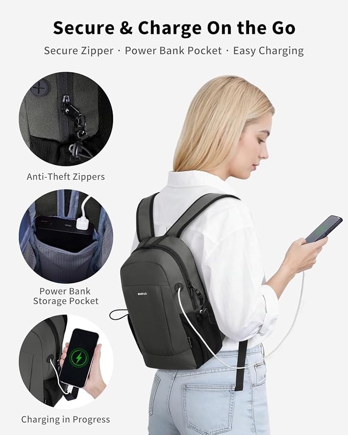 ECOHUB Mini Anti-Theft RFID Backpack for Women and Men, Water-Resistant, Lightweight Travel Daypack with iPad Sleeve, Key Holder, 9 Pockets, Daily Short Trips, Grey | 10L RFID Blocking Backpack for Men Lightweight&Small Daypack with 9 Pockets,Water Res... - Image 5