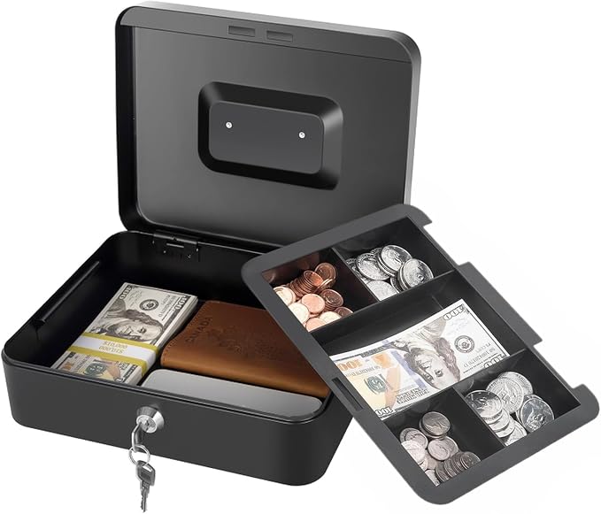 Cash Box with Lock and Money Tray Metal Money Box Large Cash Lock Box for Money 9.84" x 7.87" x 3.54" Black Larger - Image 2