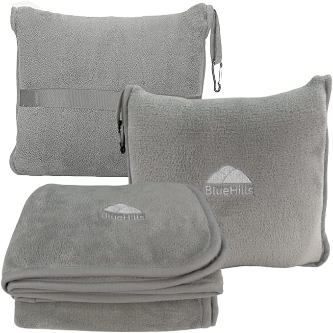 BlueHills Travel Blanket Pillows for Two Airplane Traveling Essentials Flight Throws in Bag case with Backpack Clip Compact Large Plane Accessories – Light Gray and Light Pink - Image 2