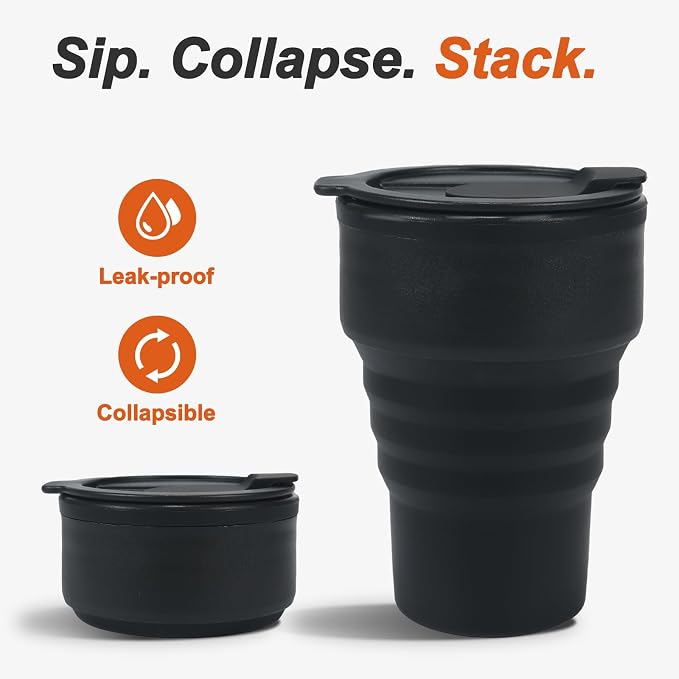 Foldable Silicone Water Bottle 13oz - Collapsible Travel Cup, BPA-Free, Leak-Proof - Portable Reusable Drinking Bottle for Camping, Hiking, Gym, Office - Black - Image 2