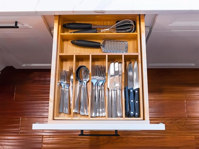 Kitchen Drawer Organizer, 12.5 Inch Silverware Utensil Tray Holder, Extra Deep, with Non-Slip Feet & Grooved Drawer Divider, 7 Slots Total Bamboo Wood Caddy for Flatware Cutlery Knives - Image 7