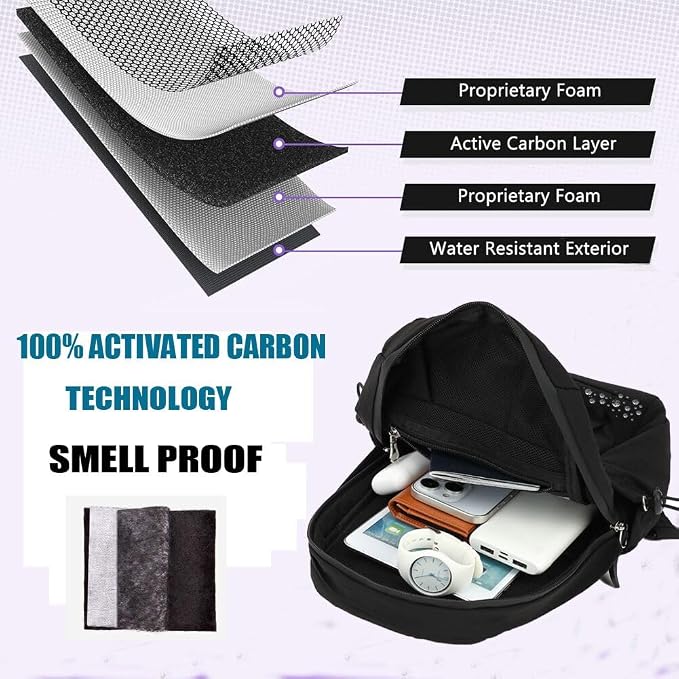 Carbon Lined Backpack,Waterproof Zipper Sling Backpack,Travel Chest Shoulder Bag,Lightweight Unisex Crossbody Casual Daypack for Men & Women (Black) - Image 4