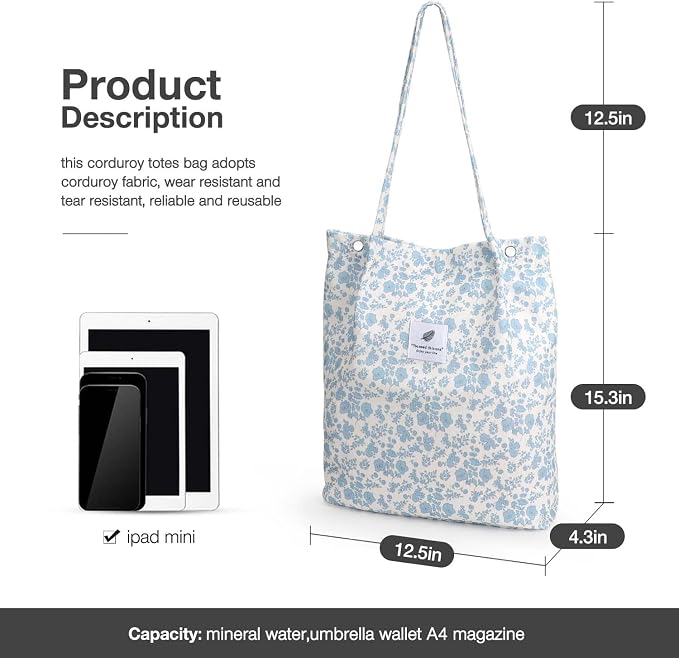 LHMTQVK Corduroy Tote Bags for Women, Large Capacity Tote Purse Reusable Grocery Shoulder Bag with Inner Pockets - Image 3
